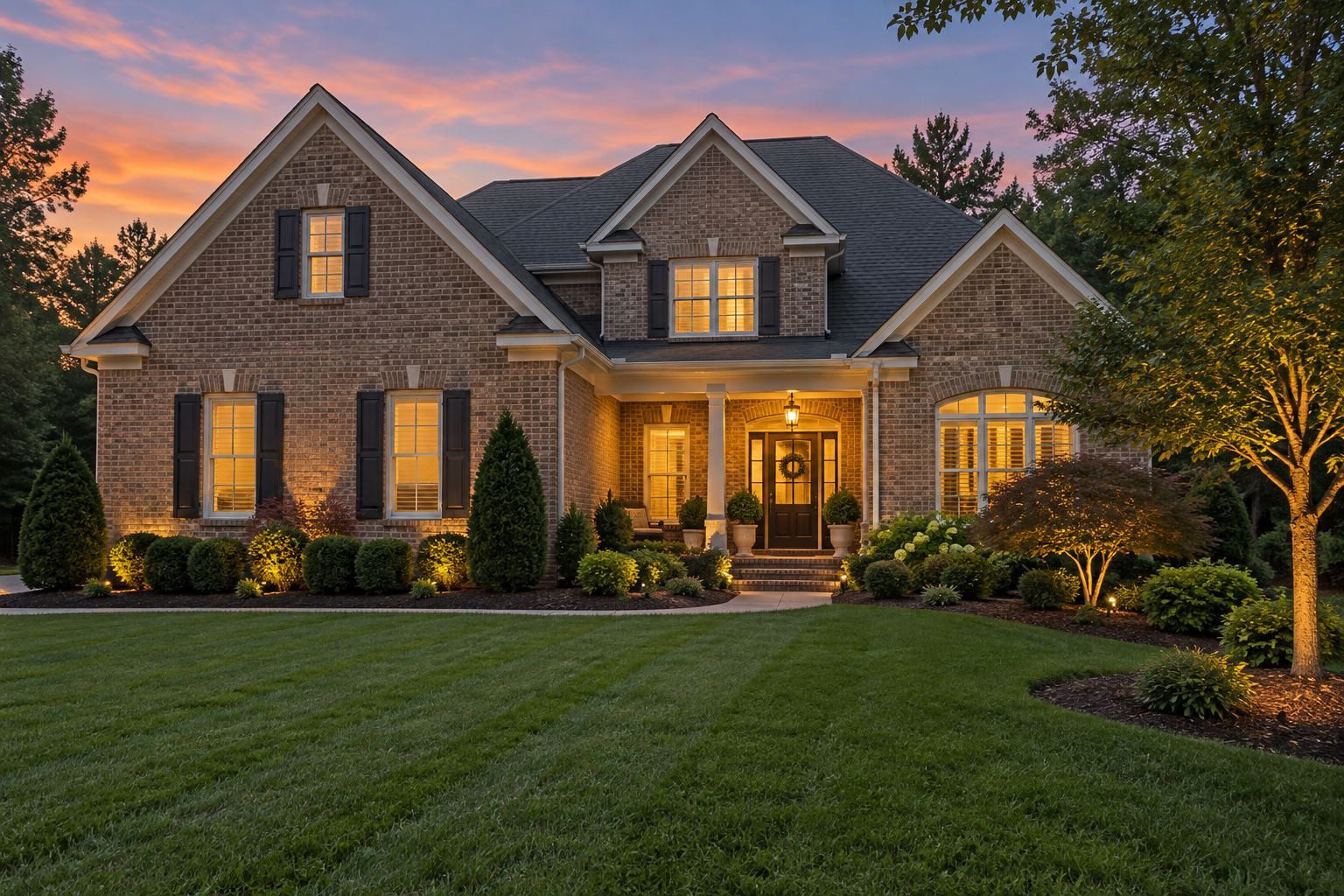 A Triangle area North Carolina home exterior at dusk, illustrative