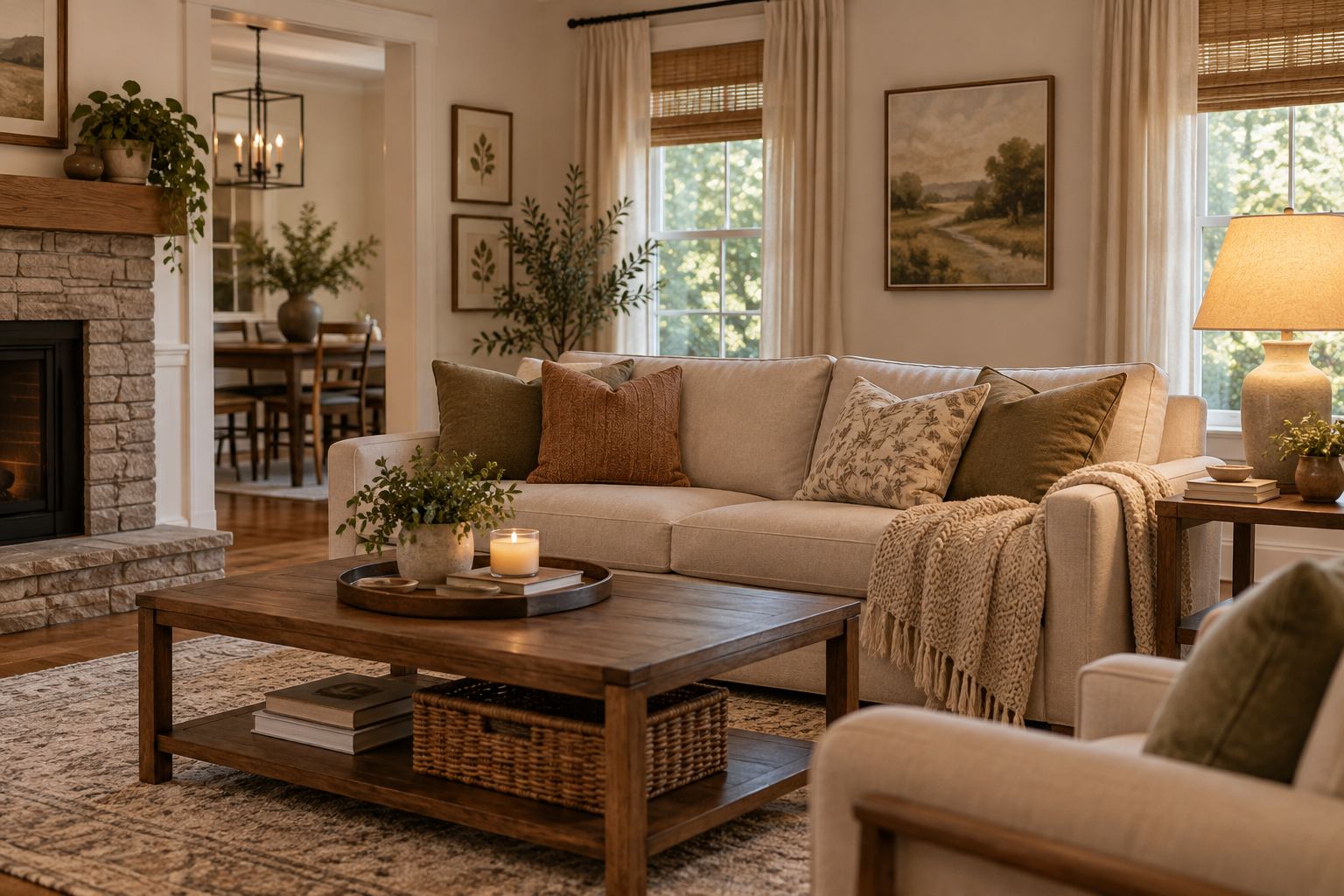 A cozy North Carolina living room, illustrative