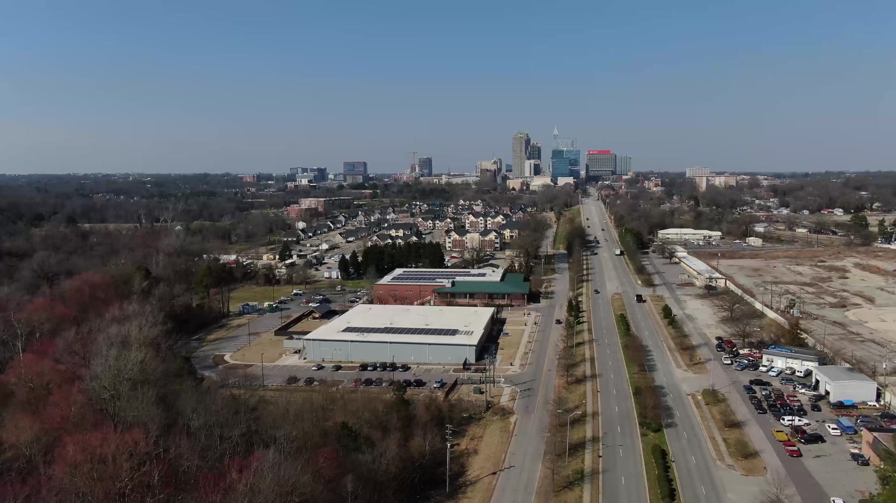 Aerial view over Raleigh, North Carolina toward the downtown skyline